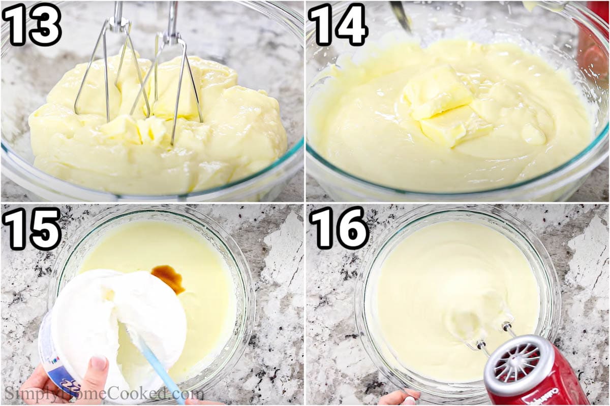 Steps to make Easy Napoleon Cake:  add the butter to the custard and mix, then add the whipped cream and vanilla.