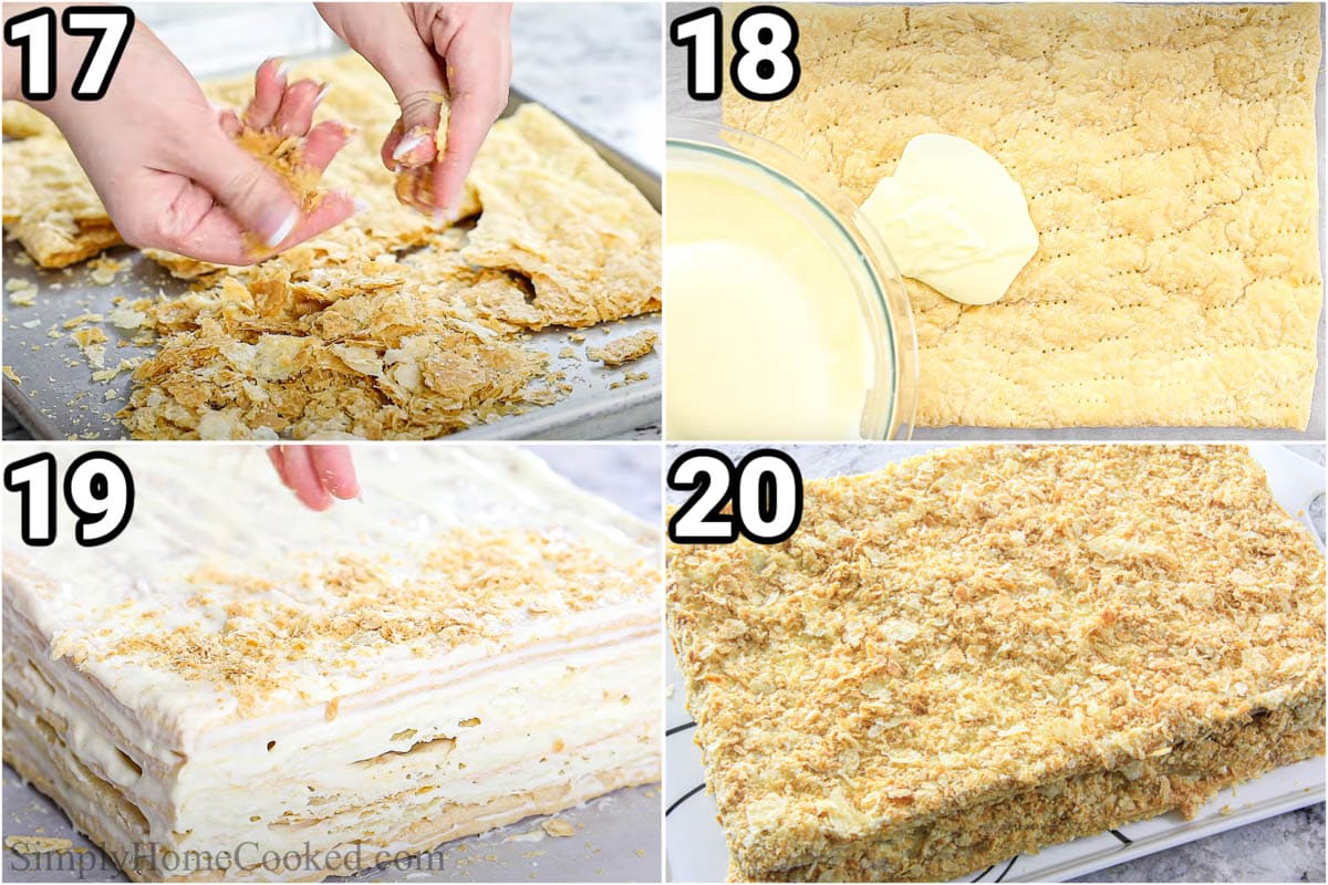 Steps to make Easy Napoleon Cake: crumble one of the puff pastry sheets, layer the cake with custard and puff pastry, then top with the crumbles.