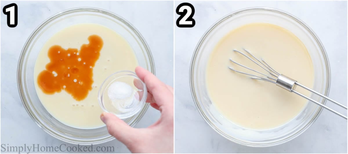 Steps to make No Churn Ice Cream: mix the condensed milk, salt, and vanilla together in a bowl.