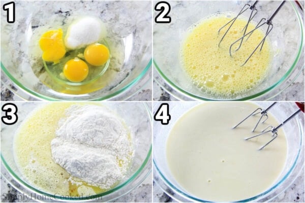 Steps to make Blueberry Crepes: mix the eggs, sugar, flour, salt, milk, and vanilla together in a bowl with an electric hand mixer.