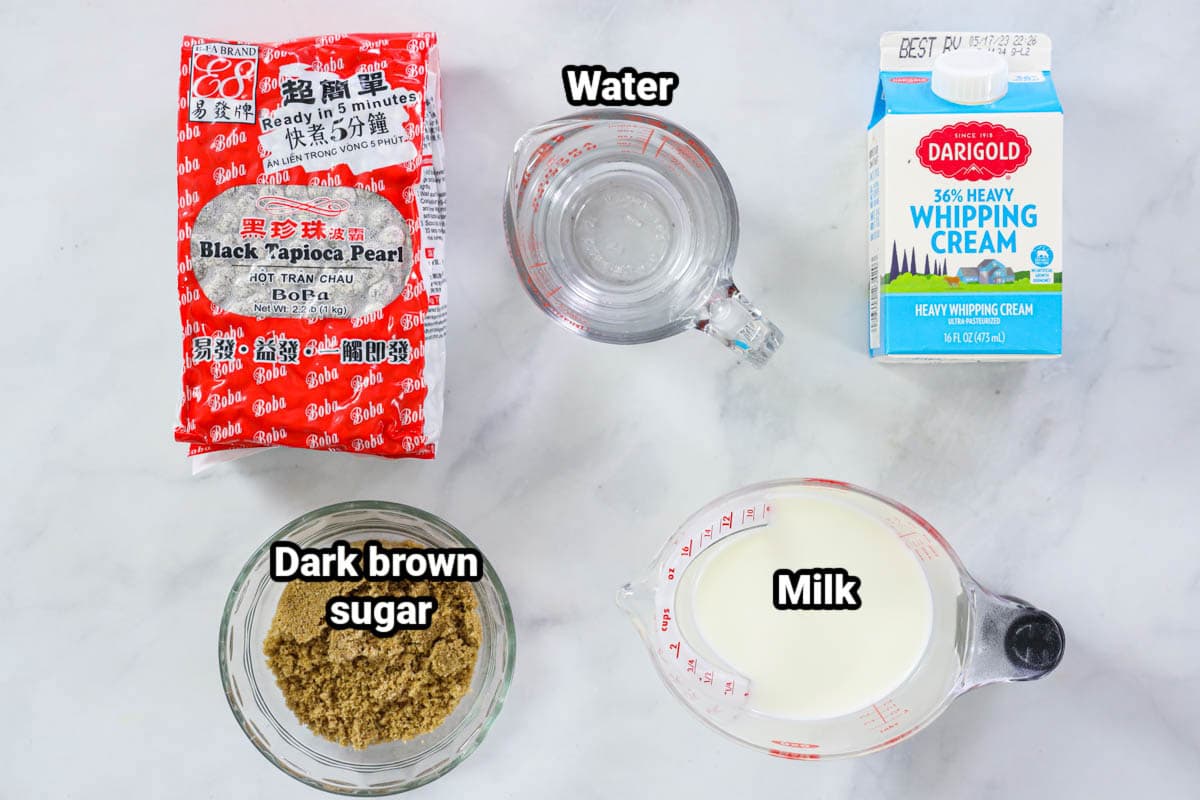 Ingredients for Brown Sugar Boba: heavy whipping cream, tapioca pearls, water, milk, and dark brown sugar.