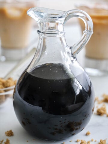 Brown Sugar Syrup in a cruet.