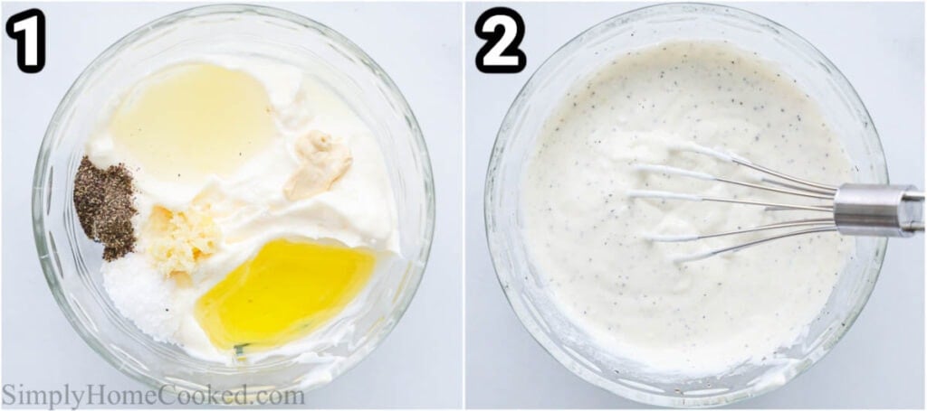Steps to make Garlic Aioli: whisk together mayonnaise, garlic, lemon juice, salt, pepper, oil, and Dijon mustard.