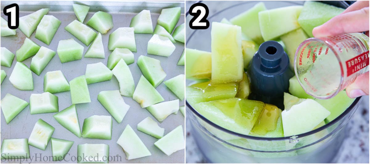 Steps to make Honeydew Melon Sorbet:  peel, cube, and freeze the melon, then add it to a food processor with the lemon juice, honey, and coconut water.