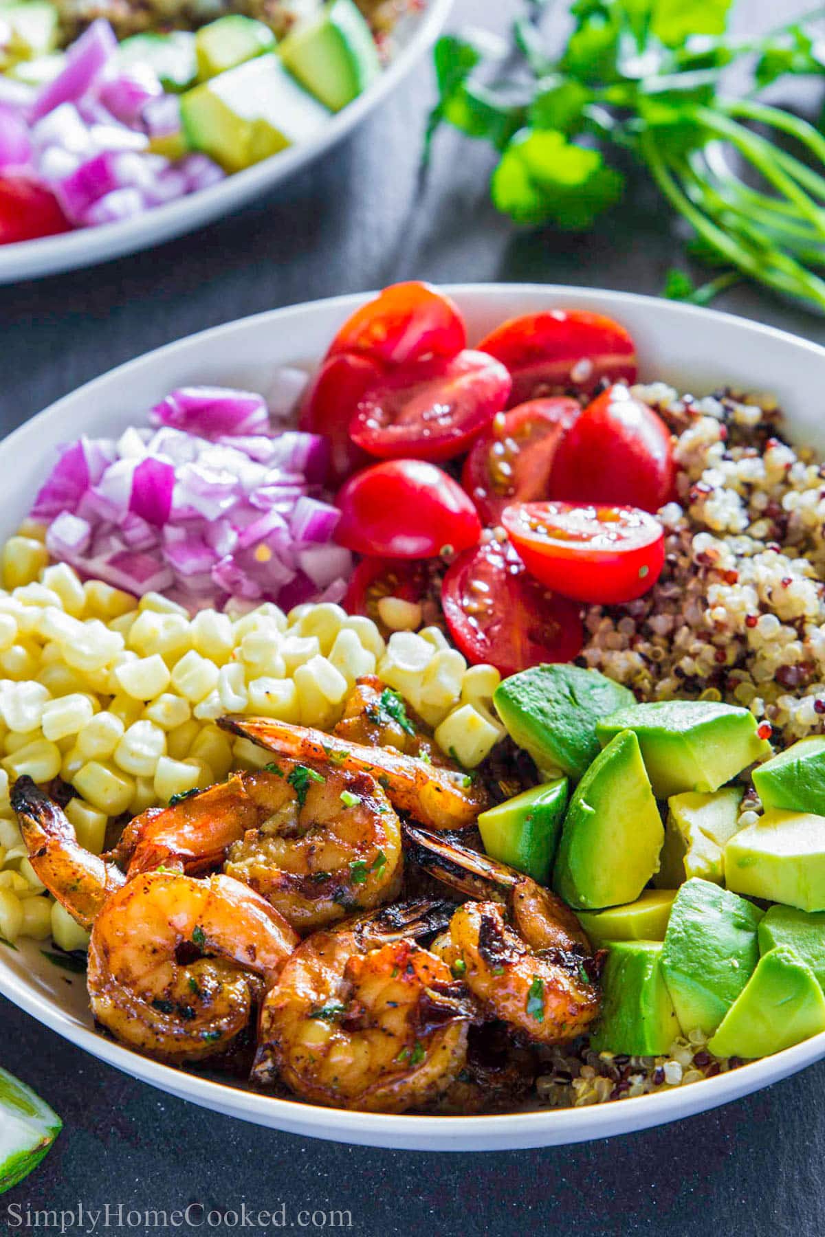 Shrimp Quinoa Bowl with tomatoes, avocado, quinoa, onion, corn, and shrimp. 