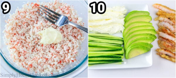 Steps to make Shrimp Tempura Roll: mix the crab and mayo together, then cut the cucumber, avocado, cream cheese, and shrimp.