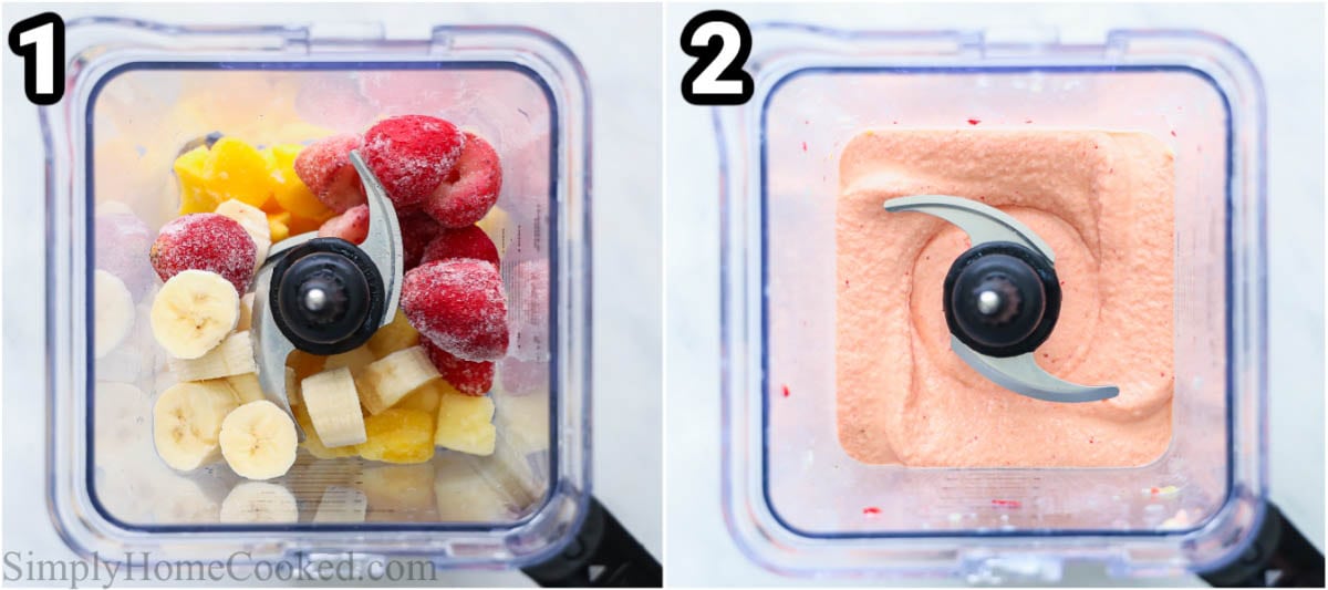 Steps to make a Tropical Smoothie: blend together the strawberries, mango, pineapple, banana, milk, and orange juice.