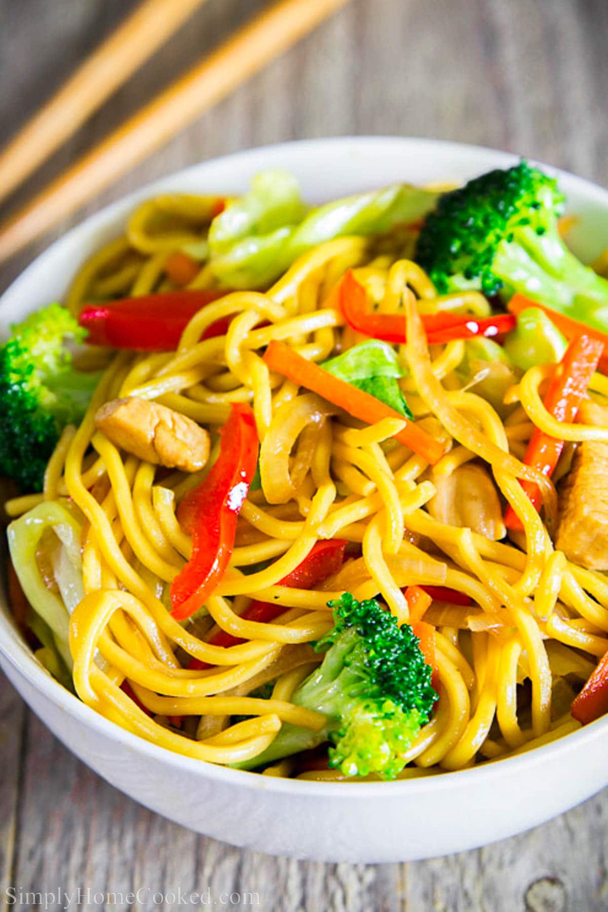 Why go out when you can make your own chicken yakisoba right at home! Mom's famous recipe is guaranteed to please your taste buds. #chickenyakisoba #yakisboa #chowmein #stirfrynoodles Close up of Chicken Chow Mein with peppers, broccoli, carrots and more in a bowl.