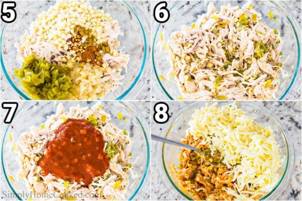 Steps to make Chicken Enchiladas with Red Sauce: add the corn, chicken, chiles, and spices together and mix with some enchilada sauce and cheese.