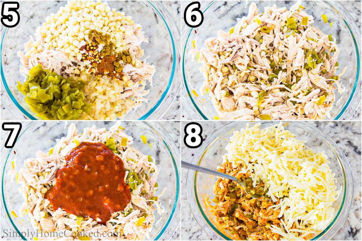 Steps to make Chicken Enchiladas with Red Sauce: add the corn, chicken, chiles, and spices together and mix with some enchilada sauce and cheese.