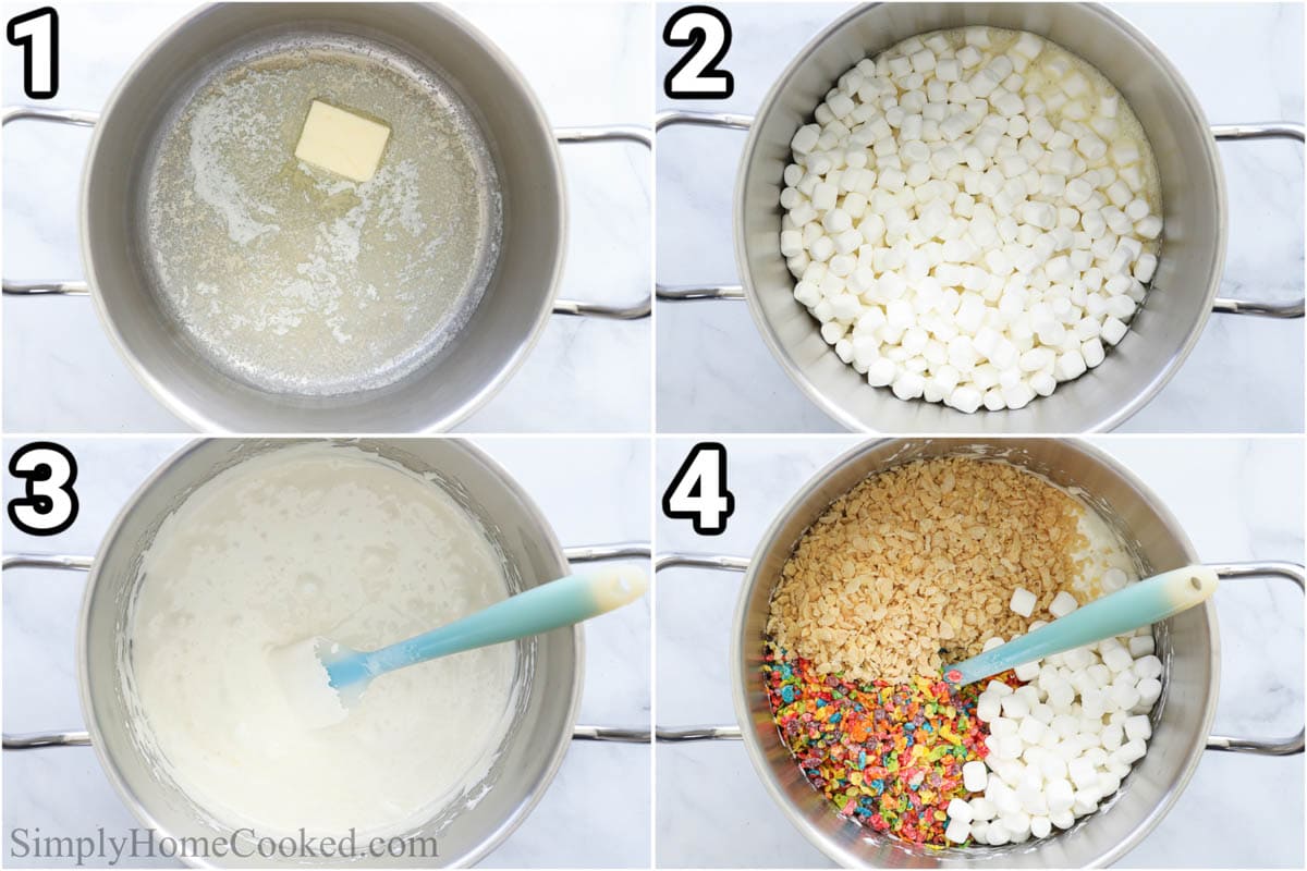 Steps to make Fruity Pebbles Treats: melt the butter in a pot, then add the mini marshmallows and stir until the melt. Now add the Fruity Pebbles and Rice Krispies to the mix and combine with a rubber spatula.
