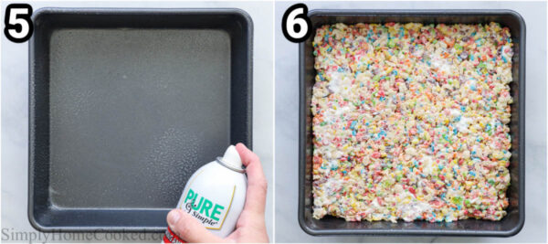 Steps to make Fruity Pebbles Treats: spray the pan with cooking spray and then press the marshmallow and cereal mixture into it and let cool.