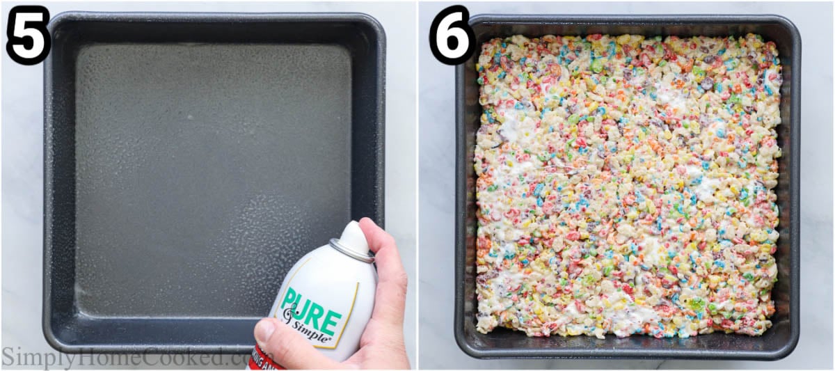 Steps to make Fruity Pebbles Treats: spray the pan with cooking spray and then press the marshmallow and cereal mixture into it and let cool.