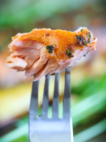 A forkful of Grilled Honey Soy Salmon.