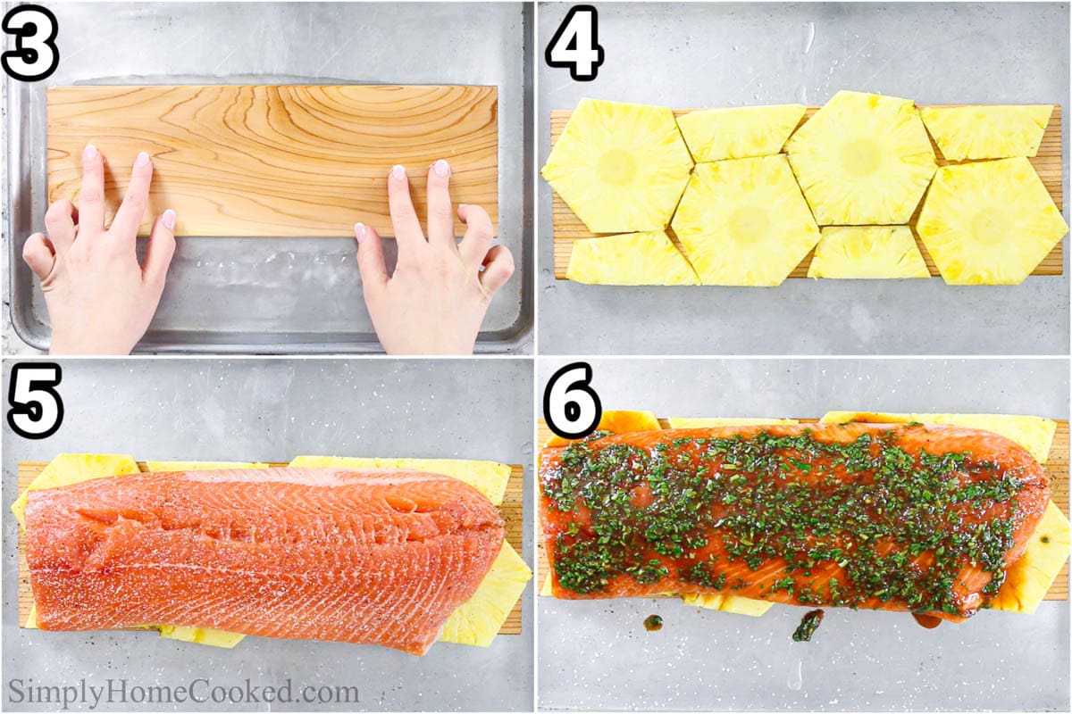 Steps to make Grilled Honey Soy Salmon:  soak the cedar planks, then layer on pineapple slices and the salmon, and cover with the marinade.
