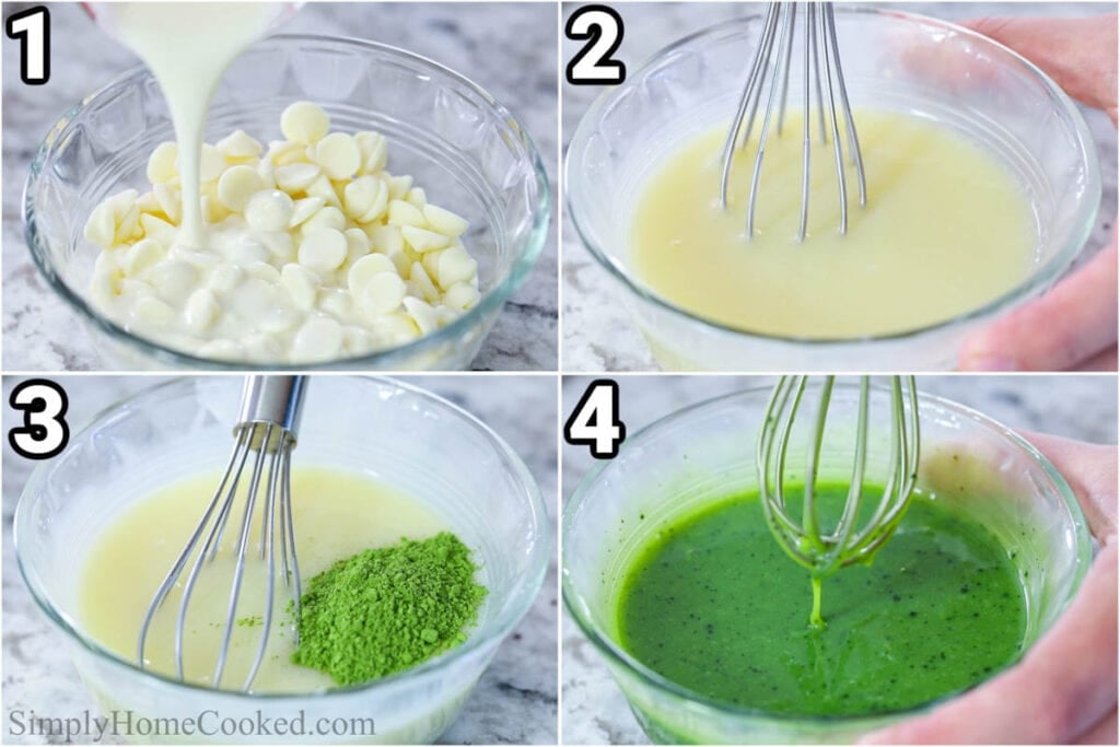 Steps to make Mochi Donuts: make the matcha glaze by melting the white chocolate with heavy cream and whisking in the matcha powder.