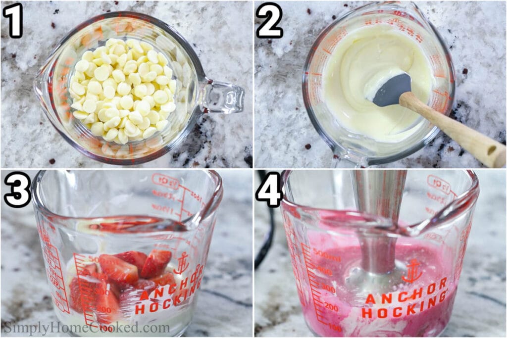 Steps to make Mochi Donuts: make the strawberry glaze by melting the white chocolate and adding the strawberries and food coloring and mixing with a stick blender.