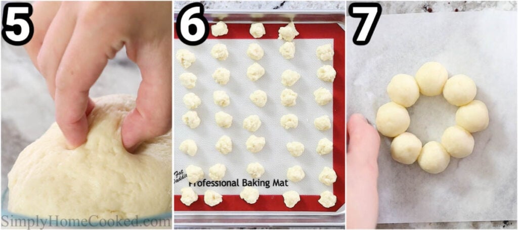 Steps to make Mochi Donuts: form the dough balls and then make the pon de ring shape.