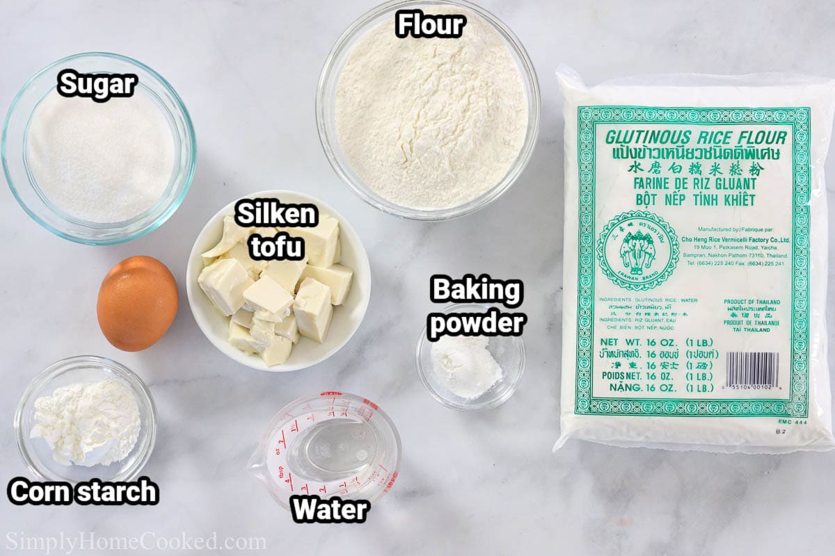 Ingredients for Mochi Donuts: sugar, flour, silken tofu, egg, corn starch, water, baking powder, and glutinous rice flour.