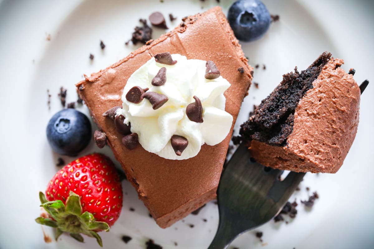 No-bake Chocolate Cheesecake Bar with a forkful being lifted out.