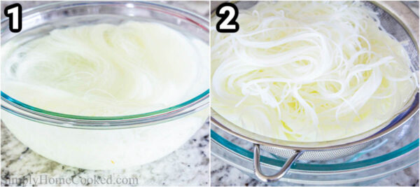 Steps to make Sesame Noodle Salad: soak the rice noodles in boiling water and then drain in a sieve.