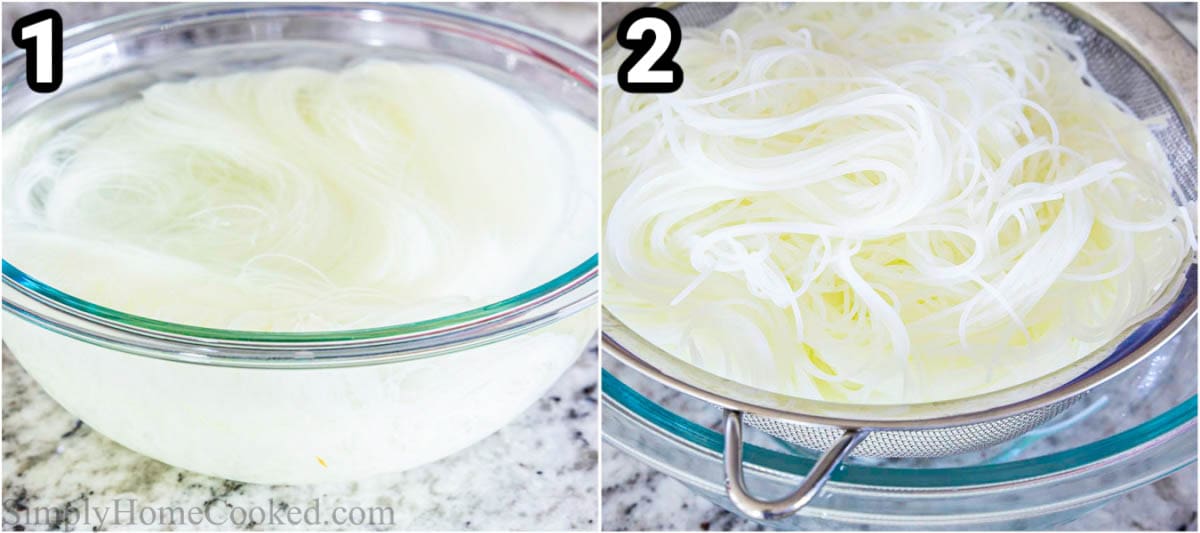 Steps to make Sesame Noodle Salad: soak the rice noodles in boiling water and then drain in a sieve.