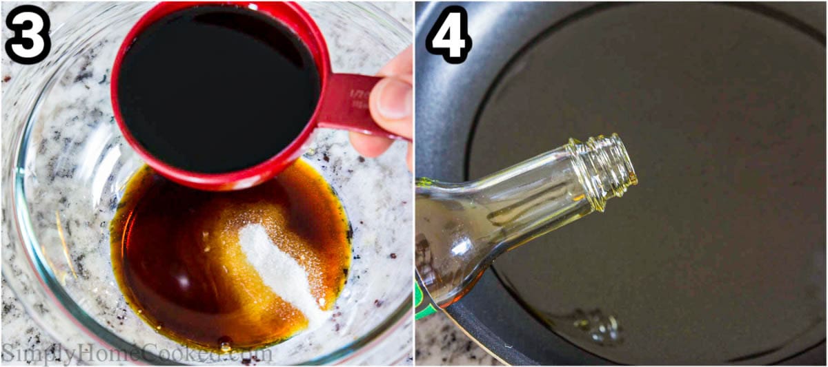 Steps to make Sesame Noodle Salad: mix the soy sauce, sugar, and rice vinegar, then add the sesame and peanut oil to a pan to heat.