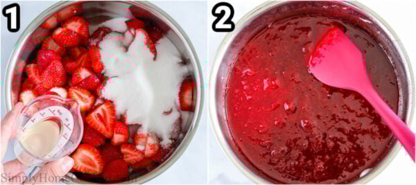 Steps to make 3-ingredient Strawberry Jam: combine strawberries, sugar, and lemon juice in a pot and boil, then simmer, then boil, and simmer again to thicken.
