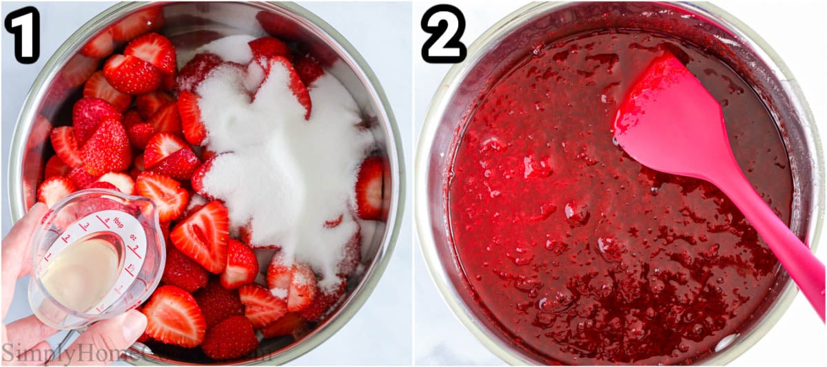 Steps to make 3-ingredient Strawberry Jam: combine strawberries, sugar, and lemon juice in a pot and boil, then simmer, then boil, and simmer again to thicken.