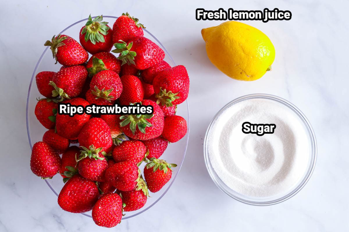 Ingredients for 3-ingredient Strawberry Jam: strawberries, lemon juice, and granulated sugar.
