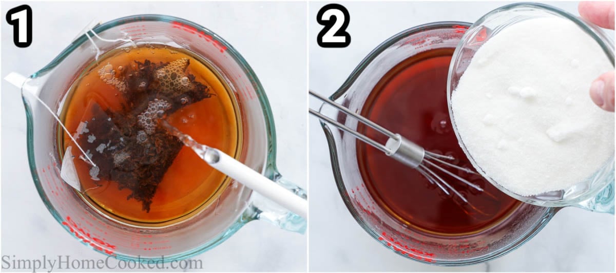 Steps to make Sweet Tea: steep the tea bags in boiling water and then add the sugar. 