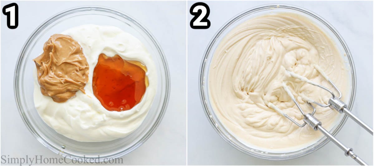 Steps to make Peanut Butter Yogurt Dip:  add honey, yogurt, and peanut butter to a bowl and mix with an electric hand mixer. 
