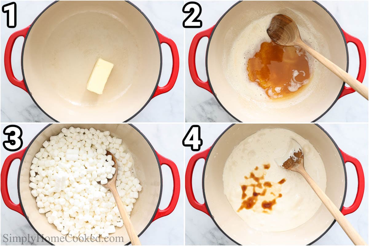 Steps to make Brown Butter Rice Krispie Treats: melt and brown the butter, then add the marshmallows and vanilla, and sir with a wooden spoon until melted.