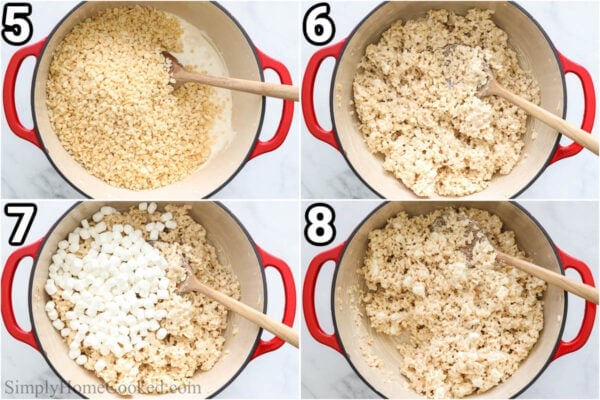 Steps to make Brown Butter Rice Krispie Treats: add Rice Krispies to the mixture and then more mini marshmallows, stirring with a wooden spoon until well combined.