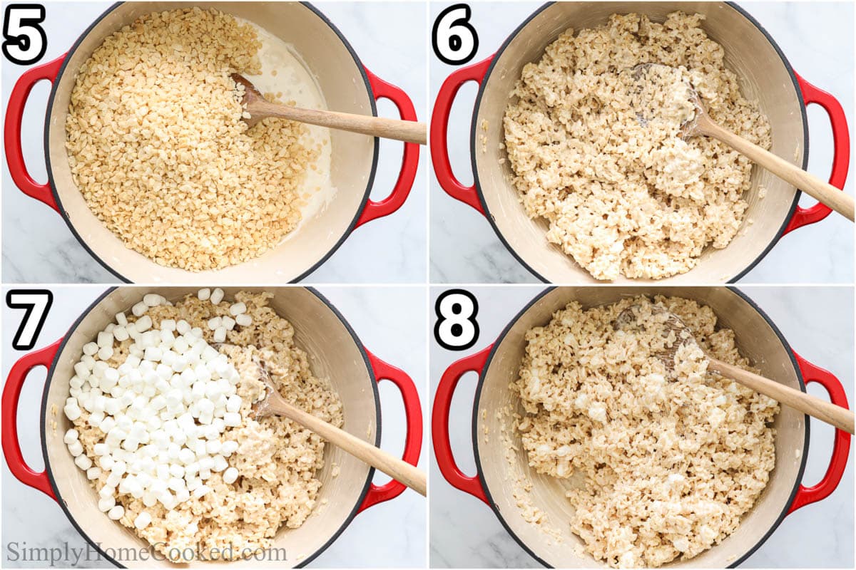 Steps to make Brown Butter Rice Krispie Treats: add Rice Krispies to the mixture and then more mini marshmallows, stirring with a wooden spoon until well combined.