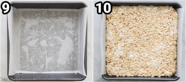 Steps to make Brown Butter Rice Krispie Treats: butter a baking dish and then line it with parchment paper, compressing the marshmallow and cereal mixture into the pan to cool.