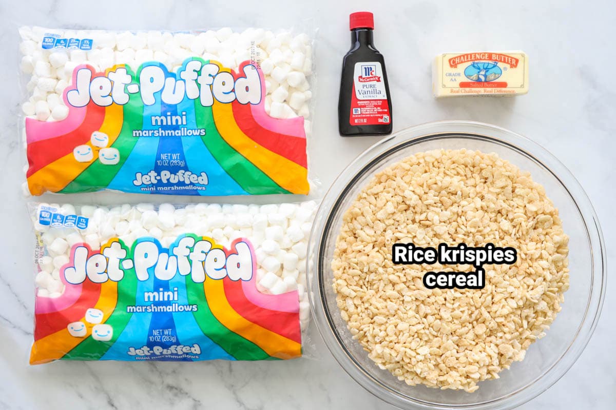 Ingredients for Brown Butter Rice Krispie Treats: mini marshmallows, vanilla extract, salted, butter, and Rice Krispies cereal.
