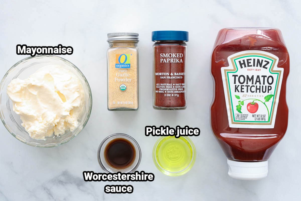 Ingredients for Fry Sauce: mayonnaise, ketchup, smoked paprika, garlic powder, Worcestershire sauce, and pickle juice. 