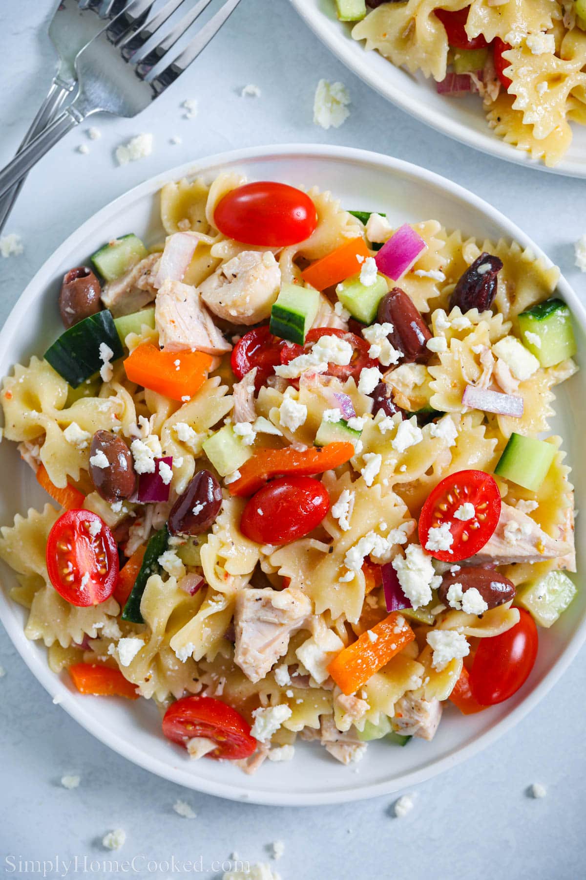 This Greek Chicken Pasta Salad is so flavorful & delicious. Sweet, salty, and tangy, it's a tasty take on a classic Greek salad made with bowtie pasta. #pastasaladrecipe #homemadeGreekchickensaladpasta #homemadepastasalad #Greeksaladpastasalad Greek Chicken Pasta Salad topped with feta cheese on a plate.