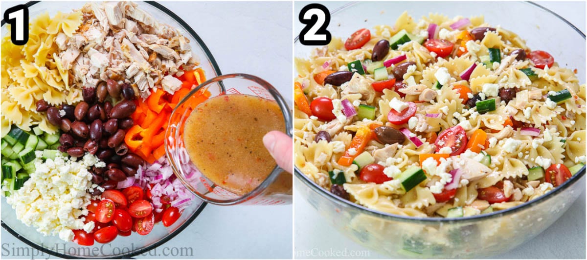 Steps to make Greek Chicken Pasta Salad: chopping the chicken and vegetables and adding them to a bowl with Greek salad dressing, then tossing with pasta and feta cheese. 