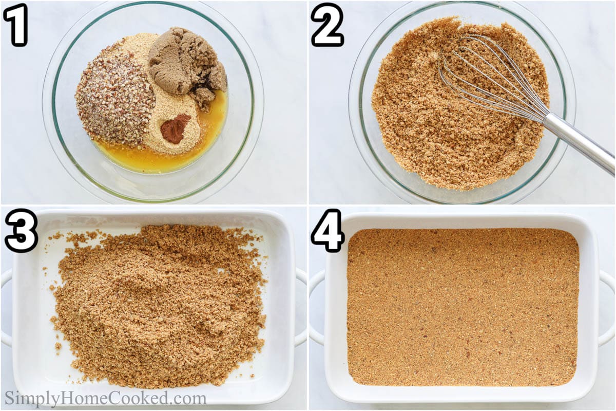 Steps to make No-bake Cheesecake Bars: combine the graham cracker crumbs, brown sugar, pecans, cinnamon, and melted butter and then press them into a baking dish to bake and cool.