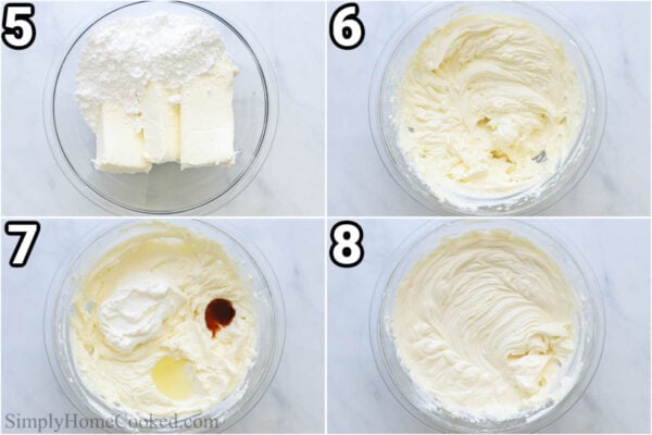 Steps to make No-bake Cheesecake Bars: make the filling by combining the sour cream, lemon juice, vanilla, cream cheese, and sugar in a bowl.