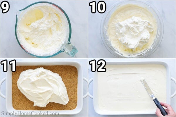 Steps to make No-bake Cheesecake Bars: beat the heavy cream into whipped cream and then fold it into the cheesecake filling, then spread it evenly with a spatula onto the graham cracker crust.
