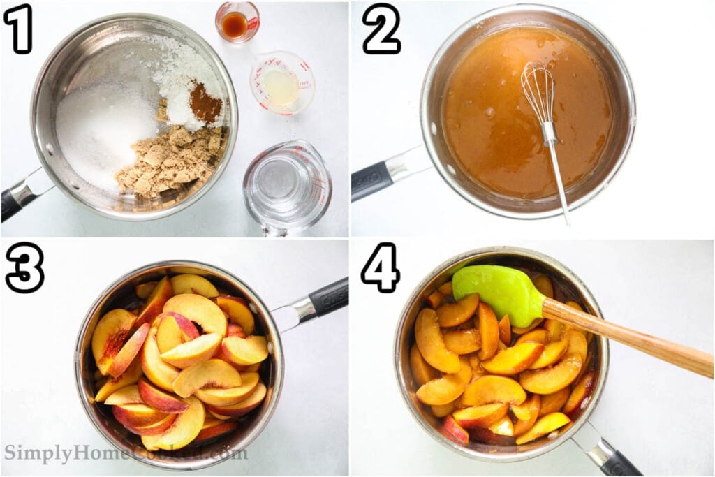 Steps to make Perfect Peach Pie: combine the sugar, brown sugar, cinnamon, lemon juice, cornstarch, vanilla, and water in a saucepan, whisk and then add the peach slices, stirring over heat until thickened. 