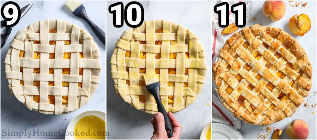 Steps to make Perfect Peach Pie: trim the sides of the crust and then brush on an egg wash before baking. 