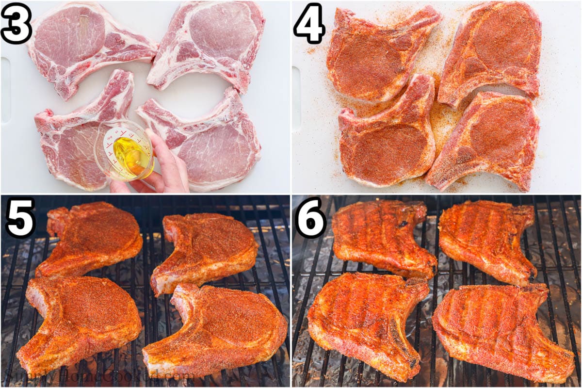 Steps to make Smoked Pork Chops: oil the pork chops, then rub in the seasonings, and smoke them.