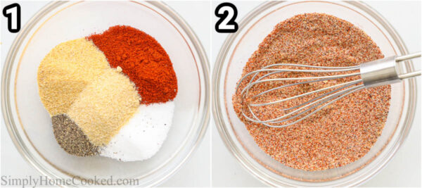 Steps to make Smoked Pork Chops: mix the garlic powder, salt, pepper, paprika, and onion powder together in a bowl with a whisk.