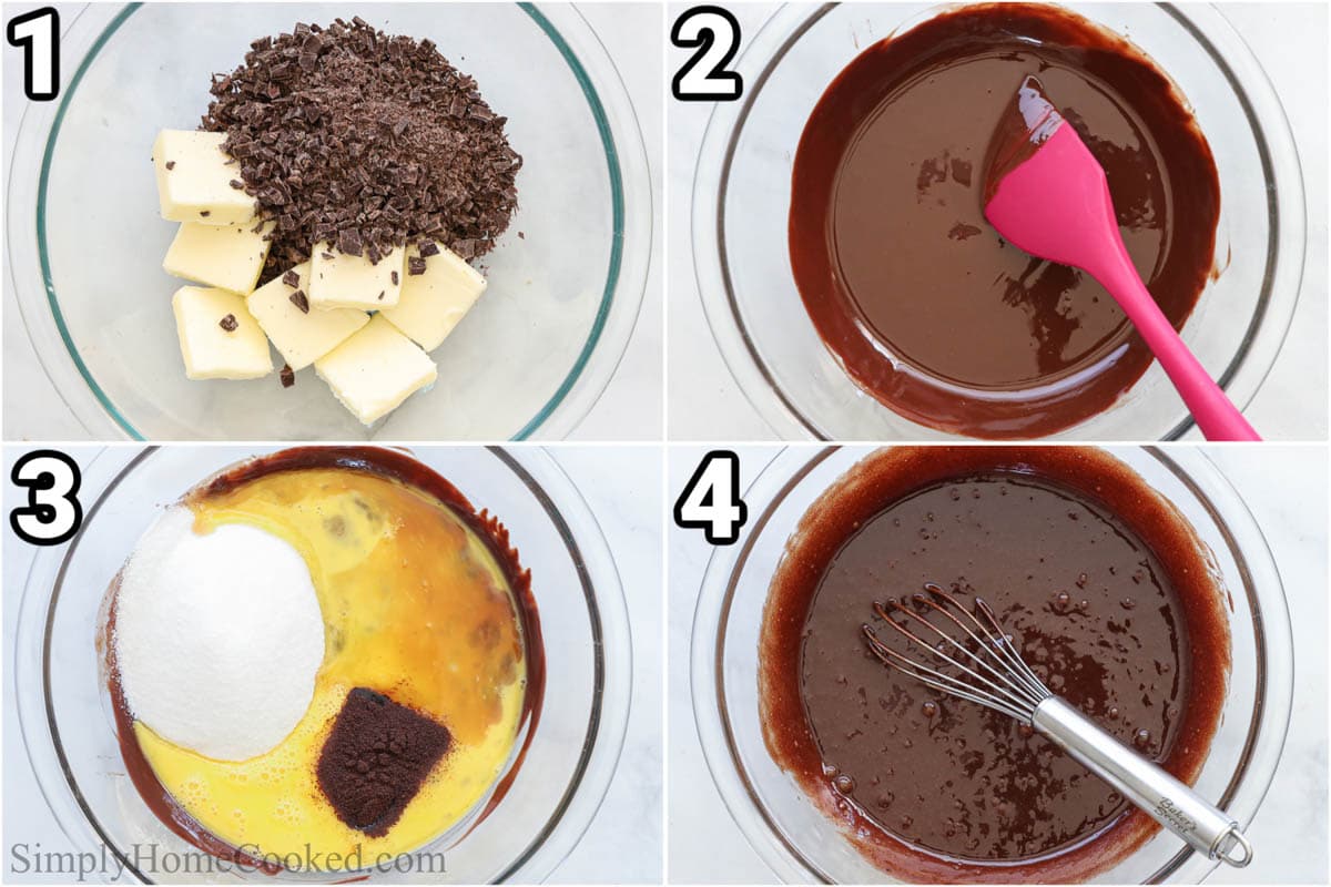 Steps to make Flourless Chocolate Cake:  melt the butter and chocolate together, then add the vanilla, eggs, sugar, and espresso powder, and whisk together.