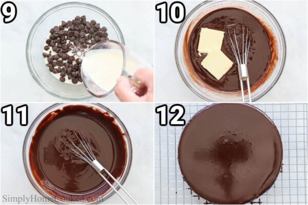 Steps to make Flourless Chocolate Cake: simmer the heavy cream and then add chocolate chips, stir in the butter and then drizzle the ganache over the cooled Steps to make Flourless Chocolate Cake.