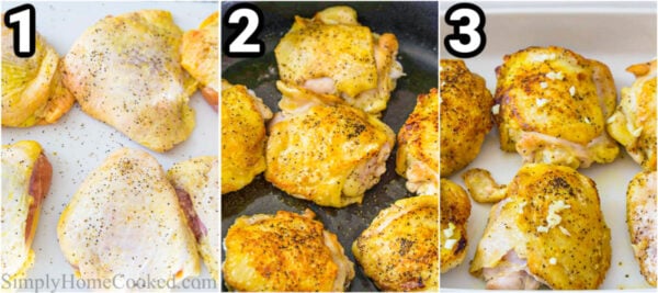 Steps for making Paleo Chicken Casserole: season the chicken and brown it in a skillet, then place them in a baking dish topped with minced garlic.